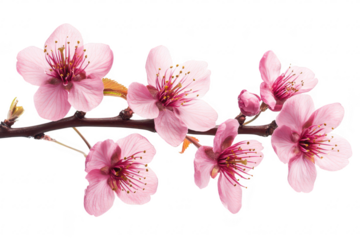 A delicate branch of pink cherry blossoms showcases flowers against a clean white background. symbolizing spring and renewal. ideal for nature-themed projects and designs