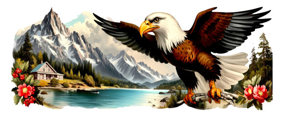 Obraz premium Majestic Eagle Flying Over Scenic Mountain Landscape with Clear Blue Lake