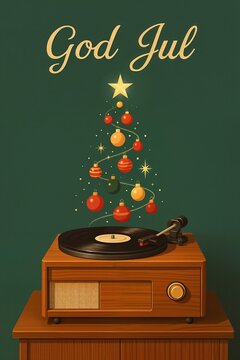 Swedish text God Jul on a classic julkort, Scandinavian Christmas card design with a retro vinyl player.