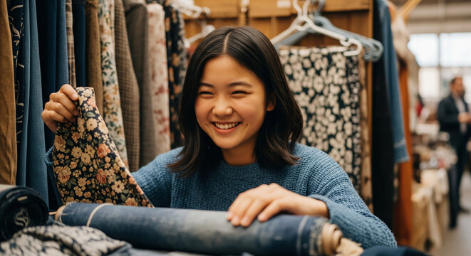 Happy young woman exploring textiles and patterns