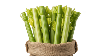 Fresh celery stalks in a burlap bag isolated on transparent background