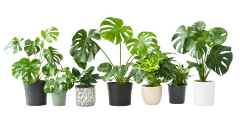 A display of various indoor potted plants arranged in a row. lush green foliage and diverse leaf shapes against a clean white background. ideal for home decor inspiration