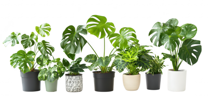 A display of various indoor potted plants arranged in a row. lush green foliage and diverse leaf shapes against a clean white background. ideal for home decor inspiration