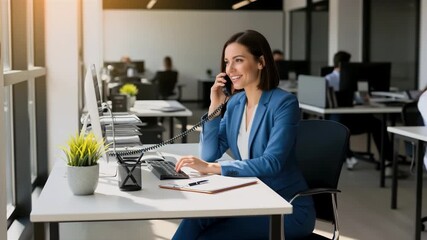 Professional Businesswoman In A Blue Suit Talking On A Desk Phone In A Bright Modern Office Environment