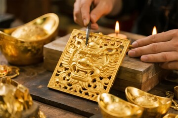 Artisan crafting intricate gold ornament with traditional tools and candlelight