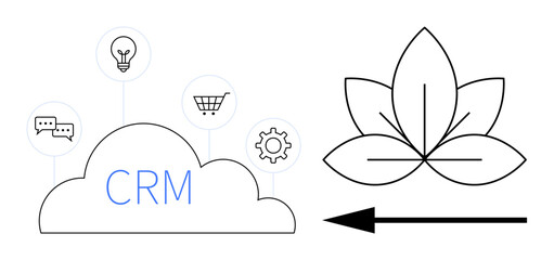 CRM concept. CRM cloud with business icons thumbs up chat, shopping cart, gear, and lightbulb. CRM supporting customer relationship management and business functions. For enterprise, organization
