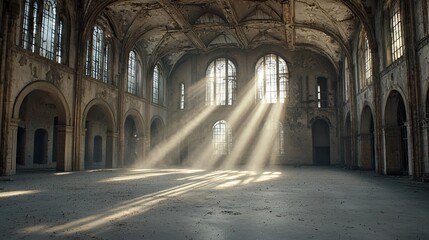 Fototapeta premium An empty, dilapidated hall with crumbling walls and a vaulted ceiling, illuminated by dramatic sunbeams streaming through arched windows, creating a dusty, atmo