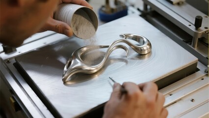 Craftsman applying powder to a metallic sculpture on a workbench