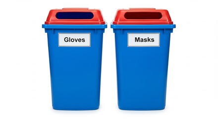 Clearly labeled blue bins encouraging proper disposal of used protective gloves and face masks clean solution. AI Generated