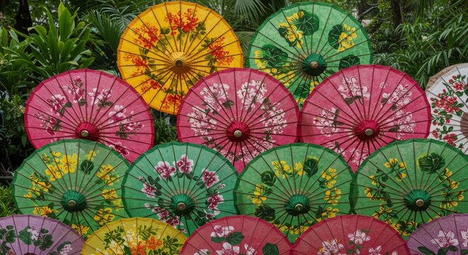 Colorful Traditional Asian Paper Umbrellas with Floral Designs
