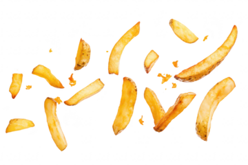 A scattered arrangement of crispy golden-brown potato wedges on a clean white background. their texture and shape. ideal for food photography and culinary presentations