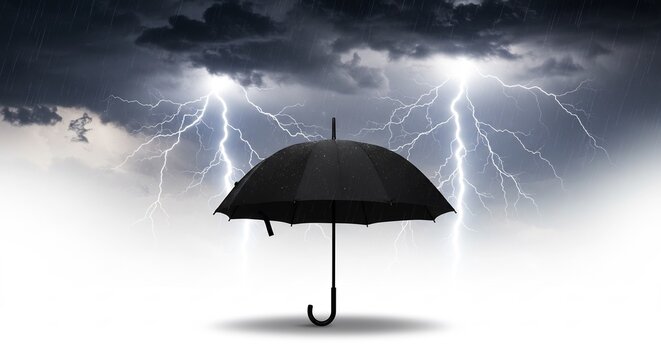 Striking contrast of a solitary black umbrella against bright lightning illuminating dark storm clouds. AI Generated