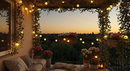 Obraz premium Cozy Balcony Oasis with String Lights at Sunset