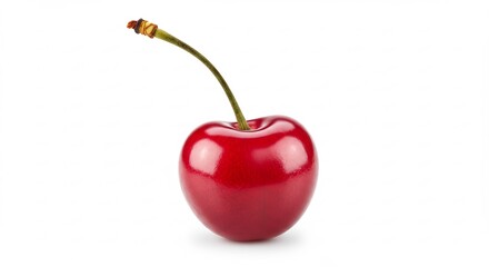 Shiny ripe red cherry with its green stem captures bright studio light against a clean white backdrop. AI Generated
