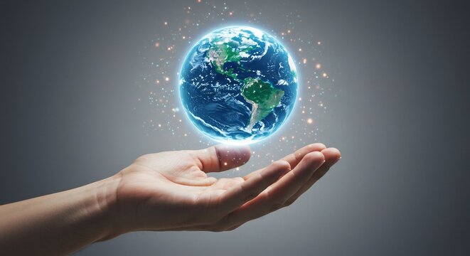 Open human hand supporting a brightly glowing Earth globe radiating intense blue light and sparkling particles. AI Generated