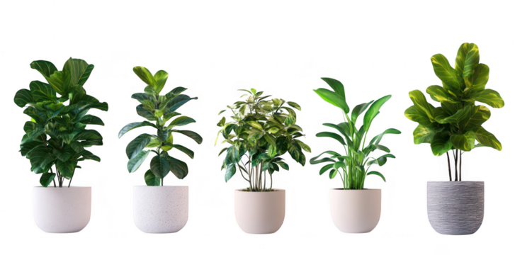 A collection of five diverse indoor plants in modern pots greenery. arranged aesthetically against a clean white background. perfect for home decor inspiration or gardening articles