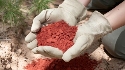 Hands in gloves cradle a pile of red earth outdoors, near a small pine tree