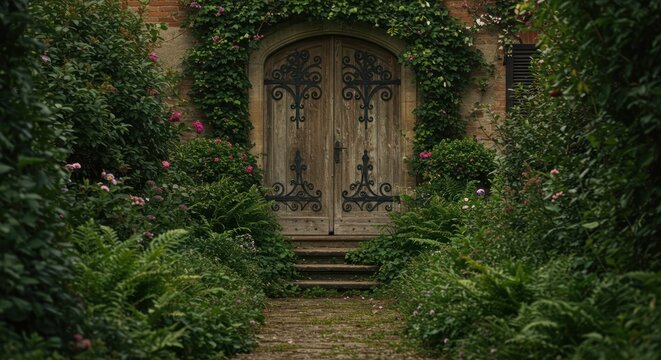Old doorway in lush greenery