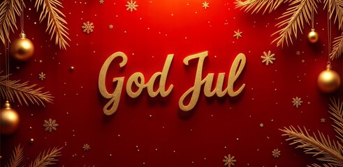 God Jul Swedish gold foil text on rich red julkort with gold details, elegant Scandinavian Christmas greeting