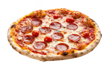 A freshly baked pepperoni pizza topped with cherry tomatoes. a golden crust and bubbling cheese. placed on a clean white surface. ready for serving or photography