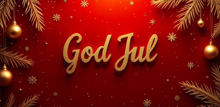 God Jul Swedish gold foil text on rich red julkort with gold details, elegant Scandinavian Christmas greeting