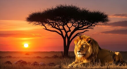 Majestic Lion Rests Under Acacia Tree During Golden African Sunset.