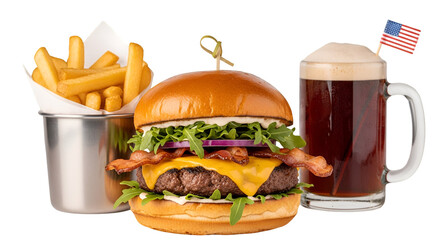 Delicious cheeseburger with bacon and fries next to a mug of beer with american flag