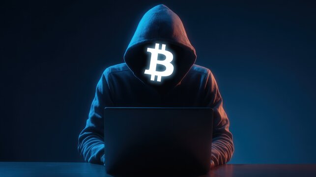 A hooded figure with a glowing Bitcoin symbol as a face, using a laptop in dark lighting