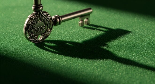 Ornate key with 2026 inscription rests on textured green surface casting a dramatic shadow.