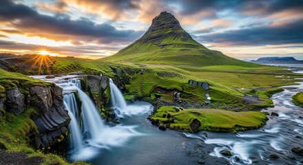 Dramatic sunset over kirkjufell mountain and kirkjufellsfoss waterfall in iceland, showcasing vibrant green landscape and flowing water during golden hour
