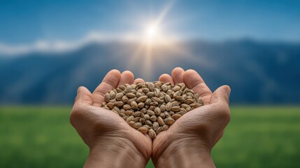 Two hands cupped, holding green coffee beans with a bright sun & mountain background