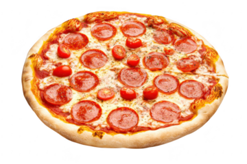 A delicious. freshly baked pepperoni pizza topped with cherry tomatoes. a golden crust and melted cheese. perfect for a casual dining experience or food photography