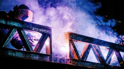 Welder creates bright sparks as he joins structural beams in hazy night