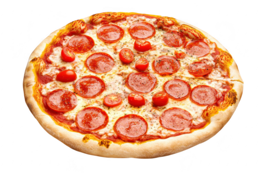 A delicious. freshly baked pepperoni pizza topped with cherry tomatoes. a golden crust and melted cheese. perfect for a casual dining experience or food photography
