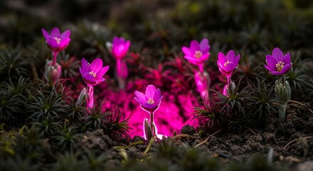 A captivating collection of vibrant purple wildflowers emerges from the earth in soft light.