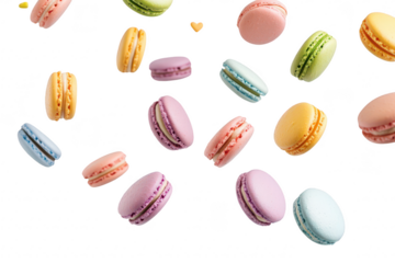 Colorful macarons in various pastel shades are playfully scattered against a clean white background. creating a whimsical and delightful scene perfect for dessert-themed marketing or culinary art