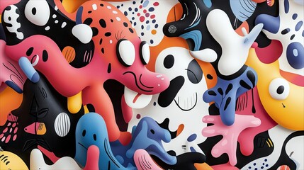 A vibrant and playful composition of abstract organic shapes and cartoon-like characters in various bright colors, set against a white background with scattered