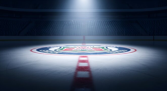 An empty hockey arena awaits the excitement, spotlights illuminate the ice rink and team logo. - Powered by Adobe