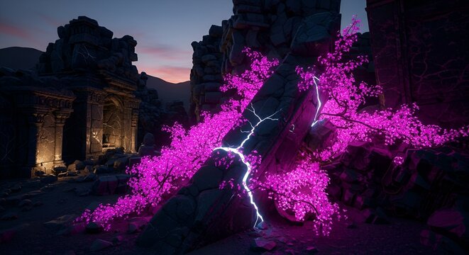 Ruined architecture is enlivened by vibrant magenta flora under the soft twilight glow of the sky. - Powered by Adobe