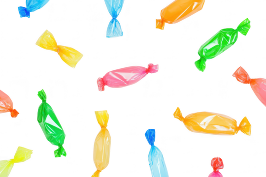 A colorful assortment of wrapped candies scattered on a white background. hues of yellow. pink. green. blue. and orange. ideal for festive celebrations or sweet-themed projects