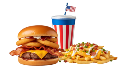 Delicious burger with onion rings and bacon alongside loaded fries and patriotic soda cup