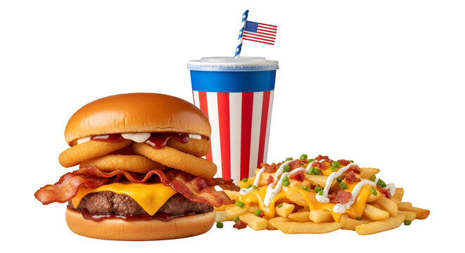 Delicious burger with onion rings and bacon alongside loaded fries and patriotic soda cup - Powered by Adobe