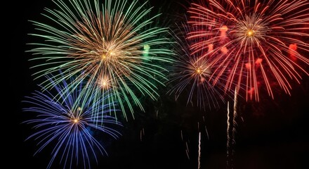 Obraz premium Vibrant display of colorful fireworks exploding in the night sky, featuring bursts of green, red, and blue light creating a festive and celebratory atmosphere