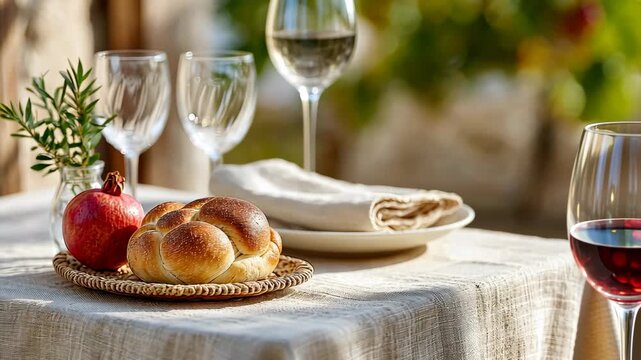 Elegant outdoor dining with wine and challah on a rustic table setting