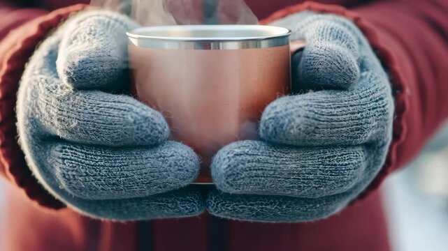 Warm hands embrace hot beverage in cozy winter scene capturing comfort and calm