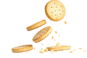 A dynamic shot of several golden-brown cookies floating mid-air. with crumbs scattering around them. set against a clean white background. perfect for food-related advertising or culinary blogs