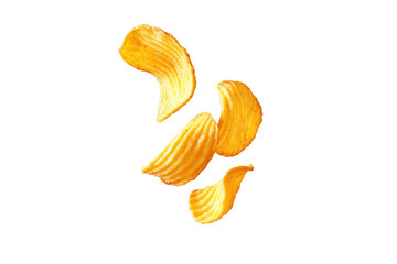 A dynamic arrangement of crispy potato chips suspended in mid-air against a clean white background. emphasizing their texture and color. ideal for food advertising or culinary presentations