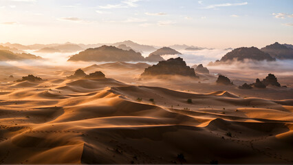 Naklejka premium Złote wydmy pustyni o wschodzie słońca