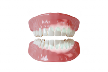 A realistic dental model a set of upper and lower teeth in a clean. white background. ideal for educational purposes in dentistry or orthodontics