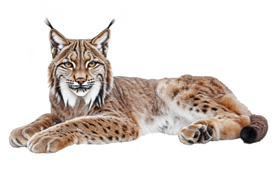 A majestic lynx lounging gracefully on a white background. its striking features and fur texture. ideal for wildlife education and conservation awareness
